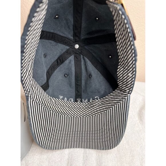 "Game Day" Stone Wash Gray Denim Embroidered Baseball Cap Striped Bill Underside - Picture 7 of 10